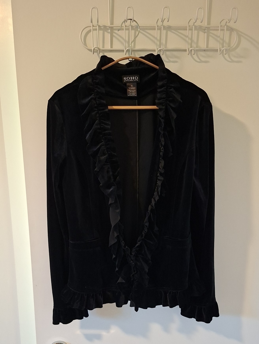 Black Velvet Ruffle/Frill-trim Feminine Blazer/Jacket Goth Whimsigoth Vamp (M)
